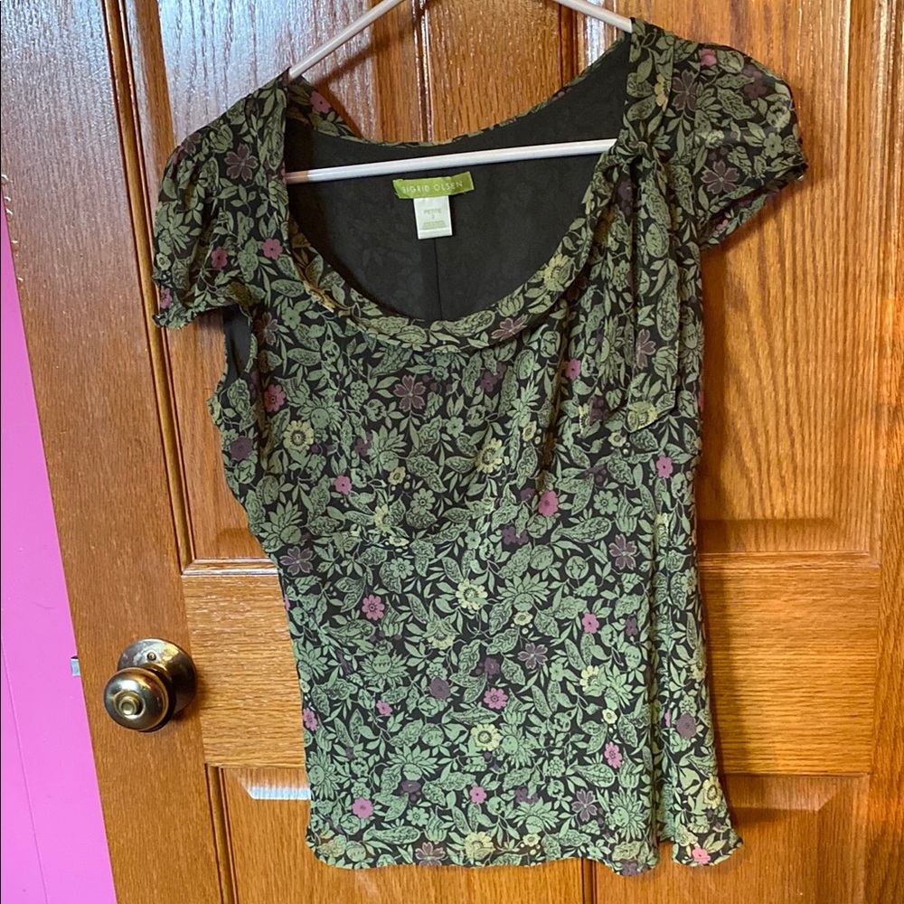 Sigrid Olsen Black and Green Fitted Cap Sleeve Blouse